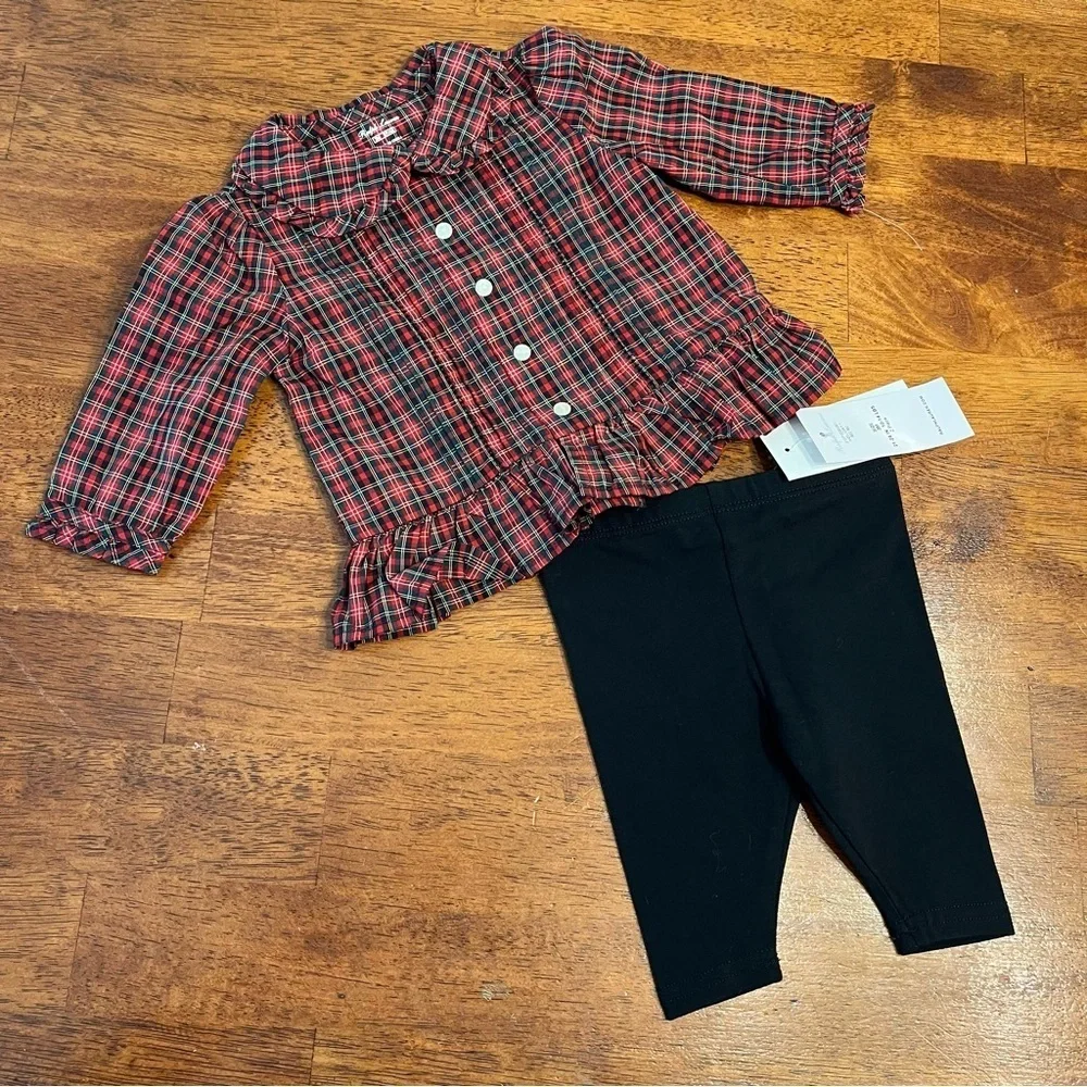 NWT Ralph Lauren Festive Red Black plaid set shirt leggings size 3 months